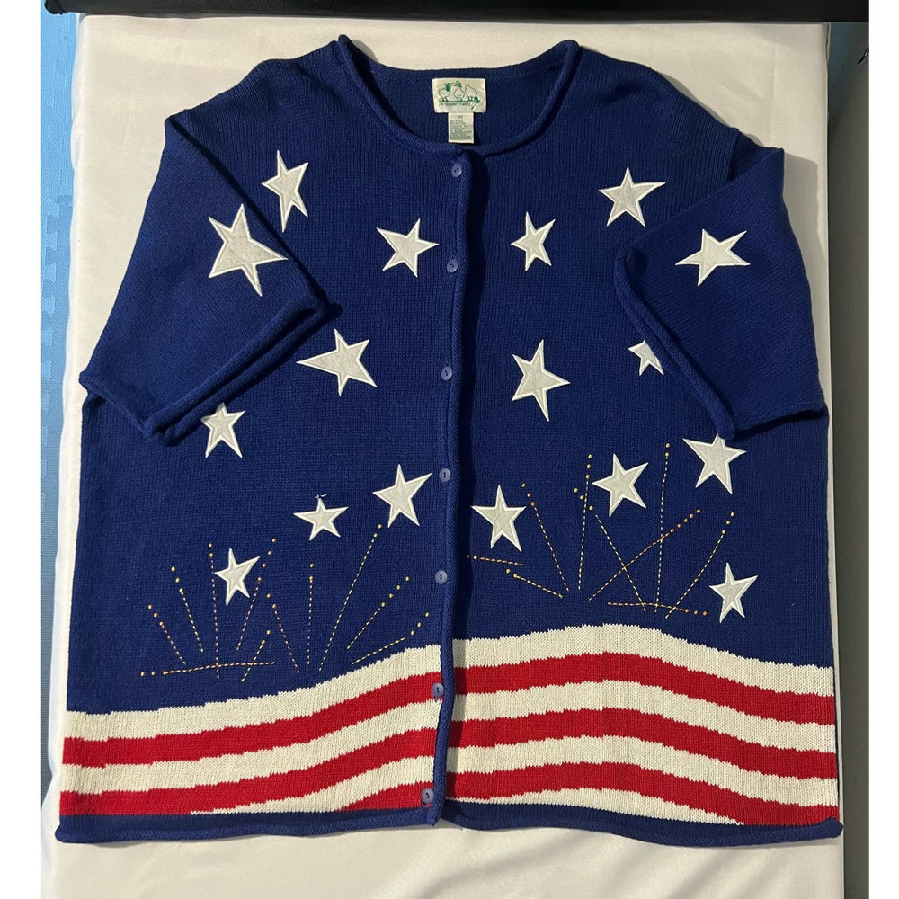 QUACKER FACTORY‎ Women's USA Patriotic Button Front Cardigan Sweater Plus SZ 3X